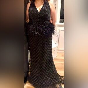 Mac Duggal Black Beaded Gown with Feather Detail